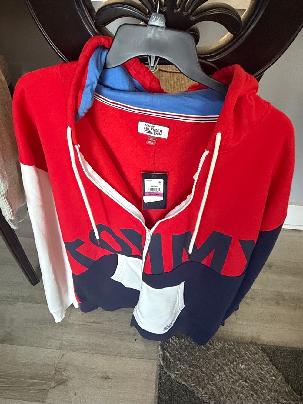 Tommy Hilfiger Men’s Red White & Navy Zip-Up Hoodie Sweatshirt
